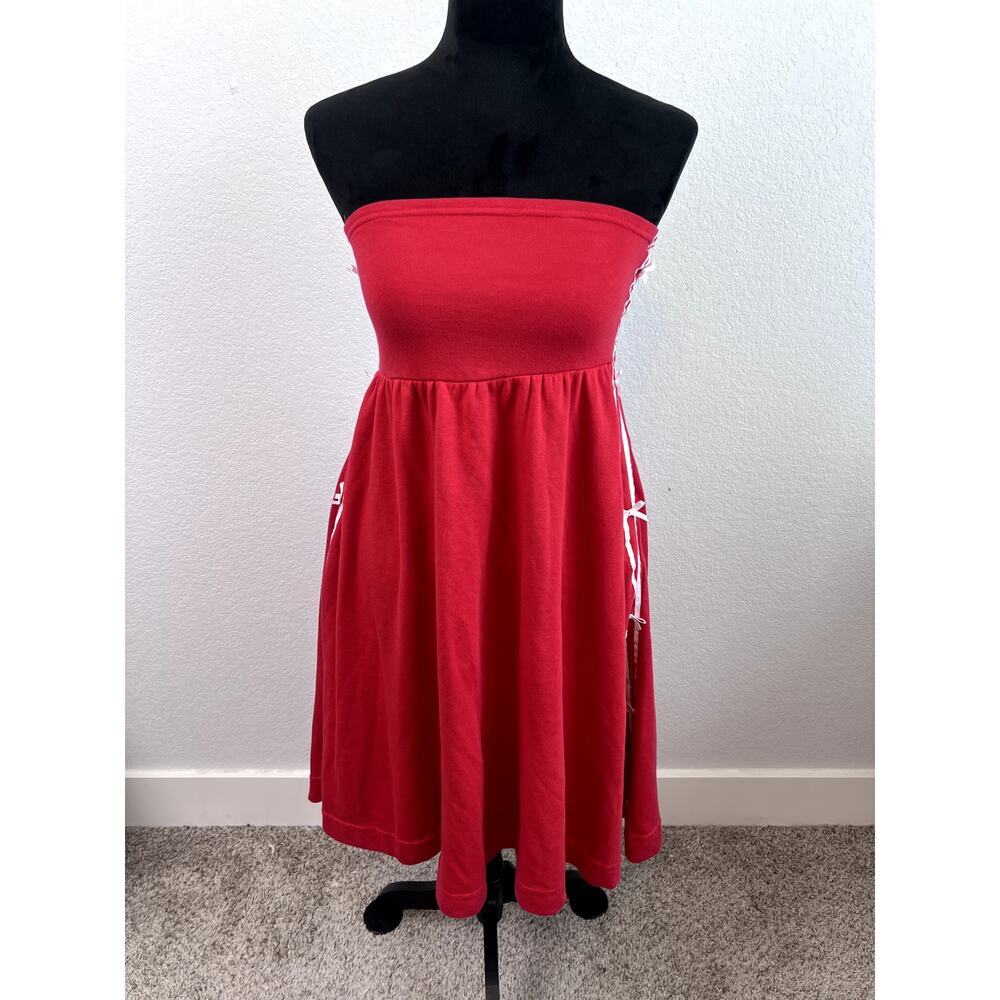 Chic Red Strapless Midi Dress with White Bow by Anthro